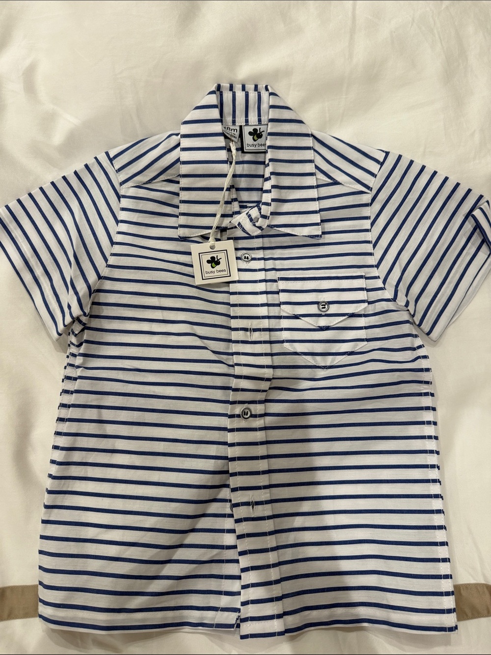 Busy Bees - Boys 18M - White & Navy Striped Short-Sleeve Shirt for Kids